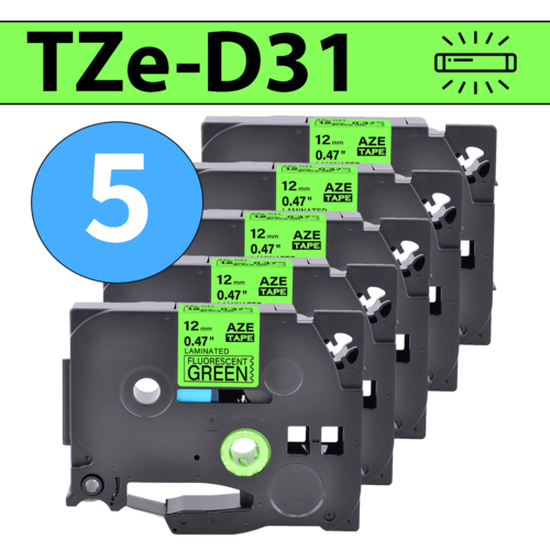 מארז 5 סרטי מדבקה TZe-D31 תואמים פרימיום שחור על ירוק זוהר 12 מ״מ (לארונות חשמל, תקשורת ומקומות חשוכים)