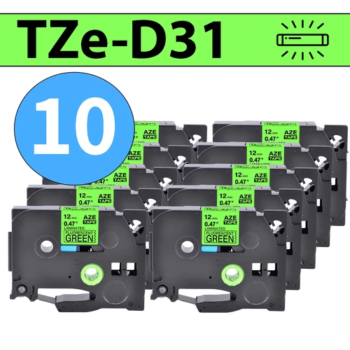 מארז 10 סרטי מדבקה TZe-D31 תואמים פרימיום שחור על ירוק זוהר 12 מ״מ (לארונות חשמל, תקשורת ומקומות חשוכים)