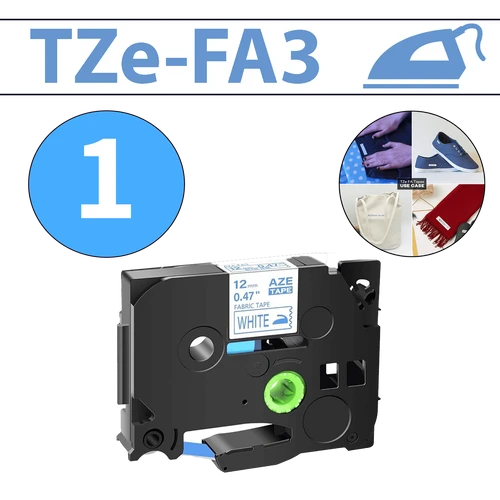 סרט מדבקה TZe-FA3 תואם פרימיום כחול על לבן 12 מ״מ (אריג לגיהוץ על בד)