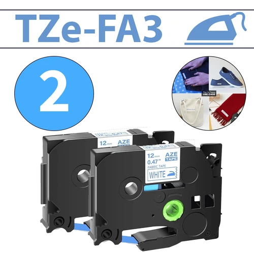 מארז 2 סרטי מדבקה TZe-FA3 תואמים פרימיום כחול על לבן 12 מ״מ (אריג לגיהוץ על בד)