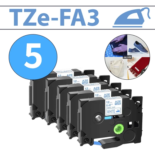 מארז 5 סרטי מדבקה TZe-FA3 תואמים פרימיום כחול על לבן 12 מ״מ (אריג לגיהוץ על בד)