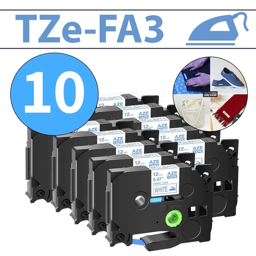 מארז 10 סרטי מדבקה TZe-FA3 תואמים פרימיום כחול על לבן 12 מ״מ (אריג לגיהוץ על בד)