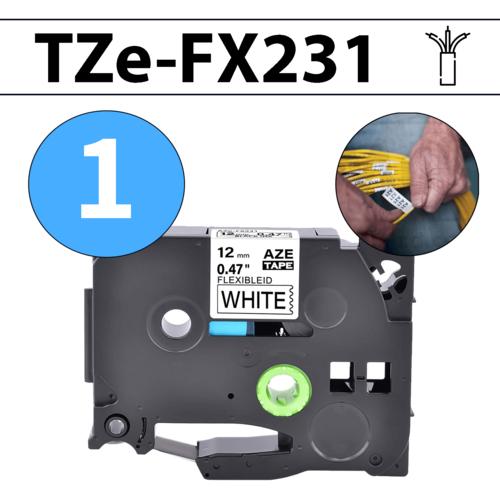 סרט מדבקה TZe-FX231 תואם פרימיום שחור על לבן 12 מ״מ (גמיש לחיווט - מתאים לכבלי תקשורת, חשמל, ועוד)