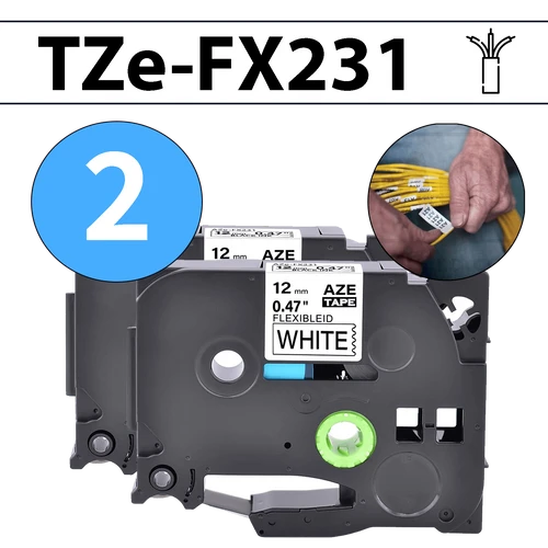 מארז 2 סרטי מדבקה TZe-FX231 תואמים פרימיום שחור על לבן 12 מ״מ (גמיש לחיווט - מתאים לכבלי תקשורת, חשמל, ועוד)