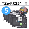 מארז 5 סרטי מדבקה TZe-FX231 תואמים פרימיום שחור על לבן 12 מ״מ (גמיש לחיווט - מתאים לכבלי תקשורת, חשמל, ועוד)