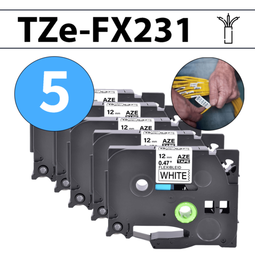 מארז 5 סרטי מדבקה TZe-FX231 תואמים פרימיום שחור על לבן 12 מ״מ (גמיש לחיווט - מתאים לכבלי תקשורת, חשמל, ועוד)
