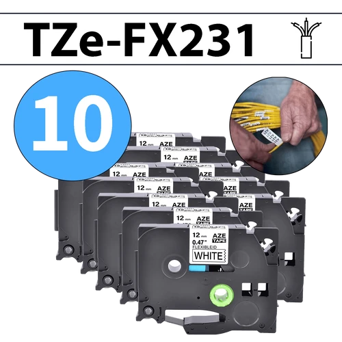 מארז 10 סרטי מדבקה TZe-FX231 תואמים פרימיום שחור על לבן 12 מ״מ (גמיש לחיווט - מתאים לכבלי תקשורת, חשמל, ועוד)