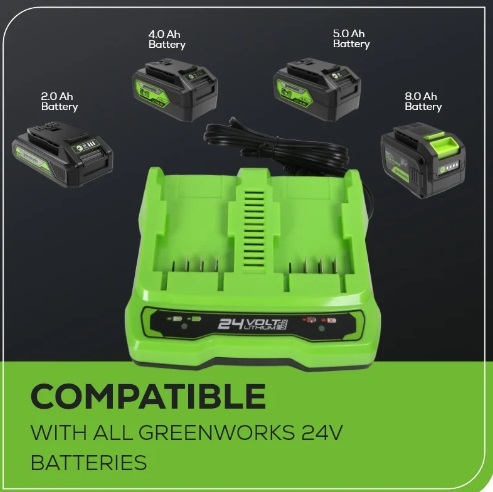 מטען מהיר כפול GREENWORKS 24V דגם 99594 משלב שני תאי טעינה מקבילים ומערכות הגנה מתקדמות לטעינה מקצועית יעילה