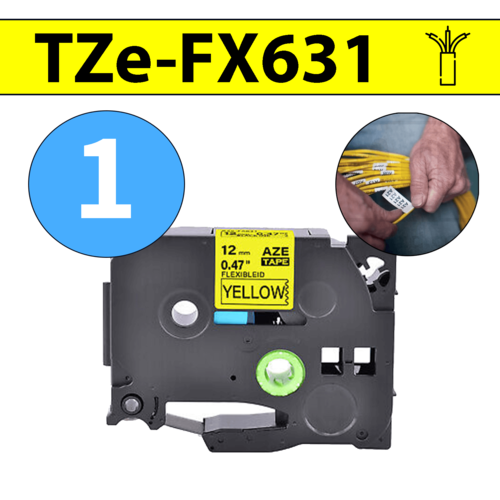 סרט מדבקה TZe-FX631 תואם פרימיום שחור על צהוב 12 מ״מ (גמיש לחיווט - מתאים לכבלי תקשורת, חשמל, ועוד)