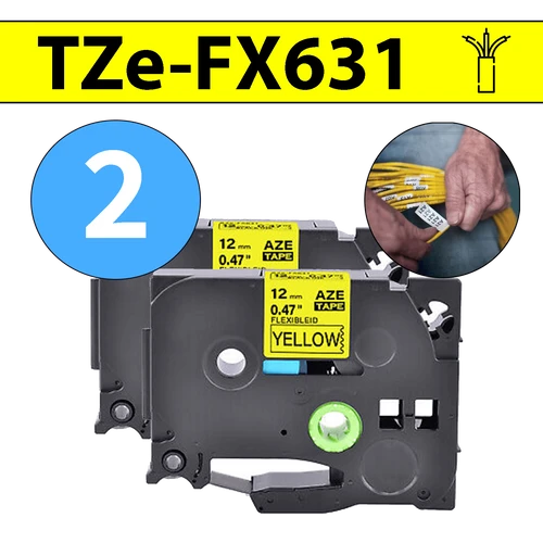 מארז 2 סרטי מדבקה TZe-FX631 תואמים פרימיום שחור על צהוב 12 מ״מ (גמיש לחיווט - מתאים לכבלי תקשורת, חשמל, ועוד)