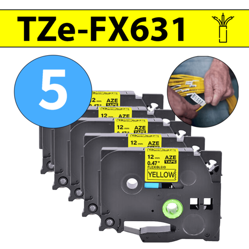 מארז 5 סרטי מדבקה TZe-FX631 תואמים פרימיום שחור על צהוב 12 מ״מ (גמיש לחיווט - מתאים לכבלי תקשורת, חשמל, ועוד)