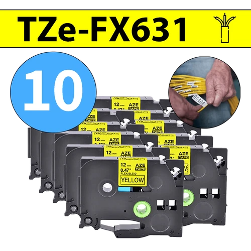 מארז 10 סרטי מדבקה TZe-FX631 תואמים פרימיום שחור על צהוב 12 מ״מ (גמיש לחיווט - מתאים לכבלי תקשורת, חשמל, ועוד)