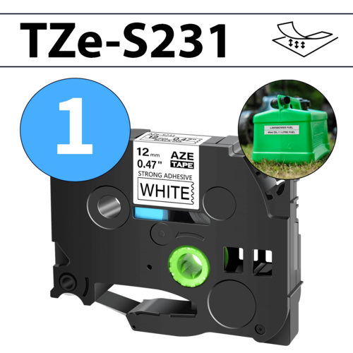 סרט מדבקה TZe-S231 תואם פרימיום שחור על לבן 12 מ״מ (דבק מחוזק במיוחד - למשטחים מחוספסים ולא ישרים)