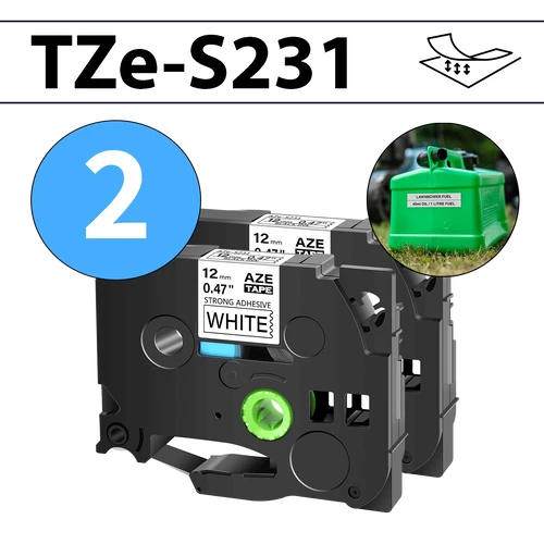 מארז 2 סרטי מדבקה TZe-S231 תואמים פרימיום שחור על לבן 12 מ״מ (דבק מחוזק במיוחד - למשטחים מחוספסים ולא ישרים)