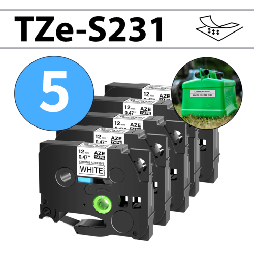 מארז 5 סרטי מדבקה TZe-S231 תואמים פרימיום שחור על לבן 12 מ״מ (דבק מחוזק במיוחד - למשטחים מחוספסים ולא ישרים)