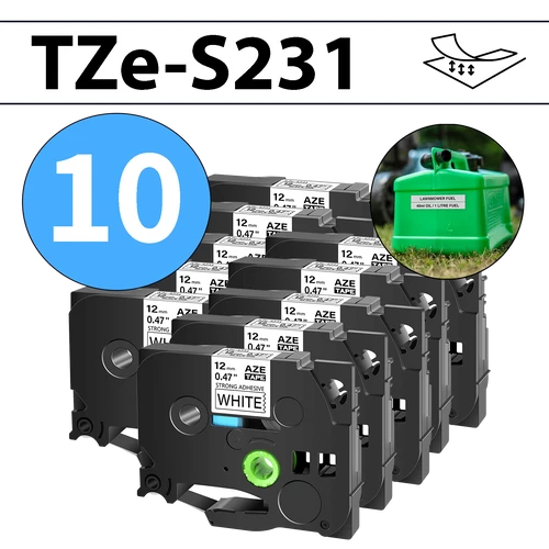 מארז 10 סרטי מדבקה TZe-S231 תואמים פרימיום שחור על לבן 12 מ״מ (דבק מחוזק במיוחד - למשטחים מחוספסים ולא ישרים)
