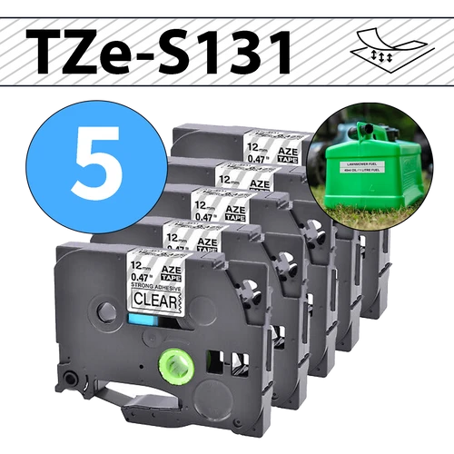מארז 5 סרטי מדבקה TZe-S131 תואמים פרימיום שחור על שקוף 12 מ״מ (דבק מחוזק במיוחד - למשטחים מחוספסים ולא ישרים)
