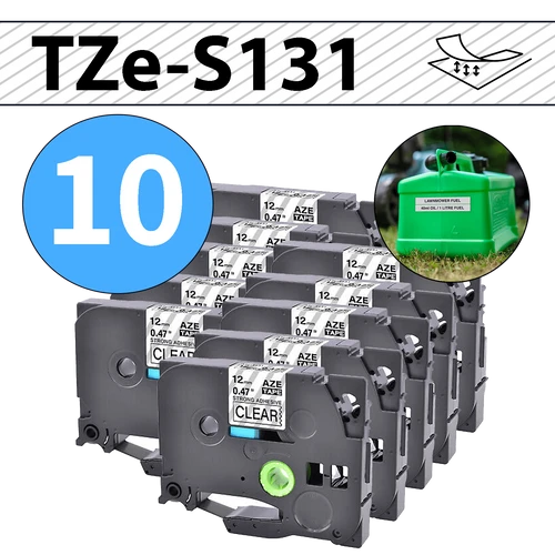 מארז 10 סרטי מדבקה TZe-S131 תואמים פרימיום שחור על שקוף 12 מ״מ (דבק מחוזק במיוחד - למשטחים מחוספסים ולא ישרים)