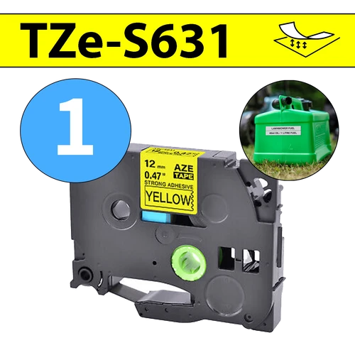 סרט מדבקה TZe-S631 תואם פרימיום שחור על צהוב 12 מ״מ (דבק מחוזק במיוחד - למשטחים מחוספסים ולא ישרים)