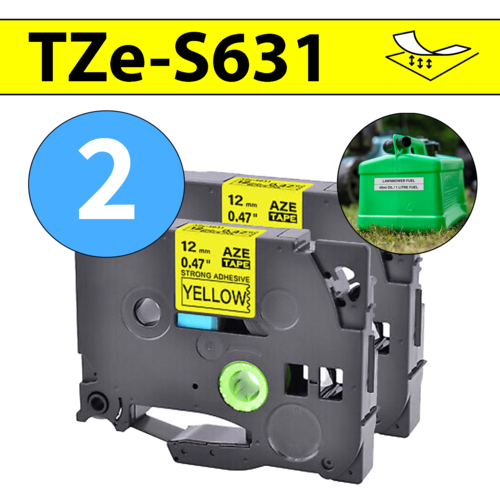 מארז 2 סרטי מדבקה TZe-S631 תואמים פרימיום שחור על צהוב 12 מ״מ (דבק מחוזק במיוחד - למשטחים מחוספסים ולא ישרים)