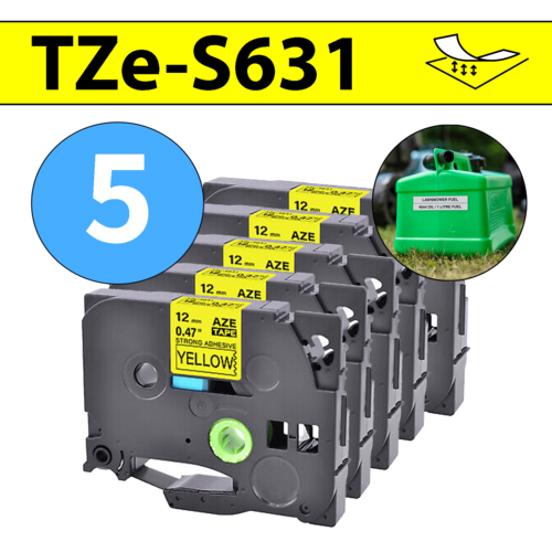 מארז 5 סרטי מדבקה TZe-S631 תואמים פרימיום שחור על צהוב 12 מ״מ (דבק מחוזק במיוחד - למשטחים מחוספסים ולא ישרים)
