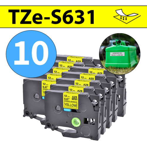 מארז 10 סרטי מדבקה TZe-S631 תואמים פרימיום שחור על צהוב 12 מ״מ (דבק מחוזק במיוחד - למשטחים מחוספסים ולא ישרים)