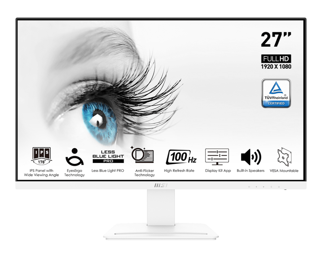 מסך מחשב לבן MSI MP273AW VESA+Tilt 27" FHD VGA+DP+HDMI+Speakers White
