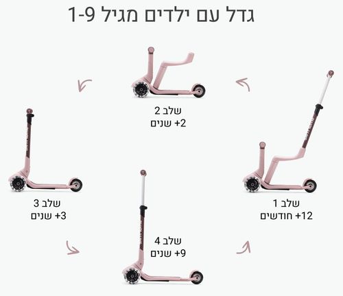Xtend מיני רייד 4 ב 1 בימבה דחיפה מגיל שנה עד קורקינט מתקפל לגיל 9 - ורוד
