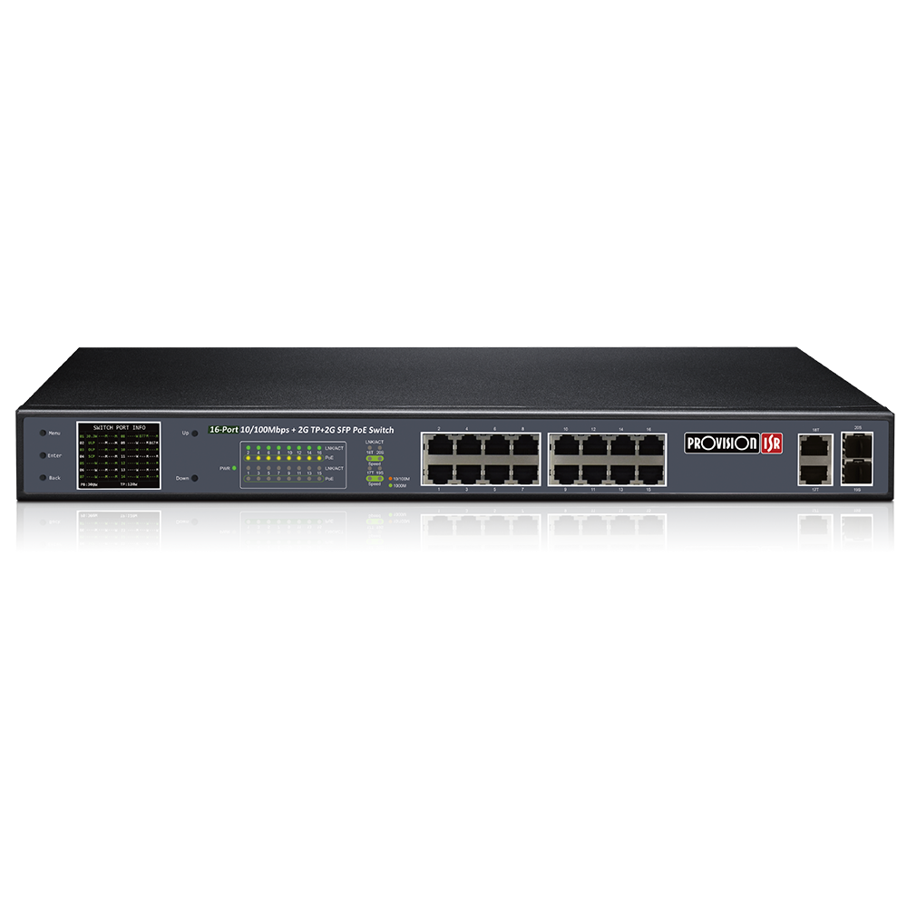 סוויץ PoE ל 16 ערוצים 10/100 סה"כ 250W בנוסף קיימים עוד 2 ערוצי Up-link במהירות 1Gbps