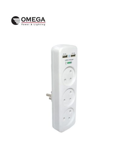 מפצל 3 T אנכי + שניים USB  זרם טעינה  2A  OMEGA