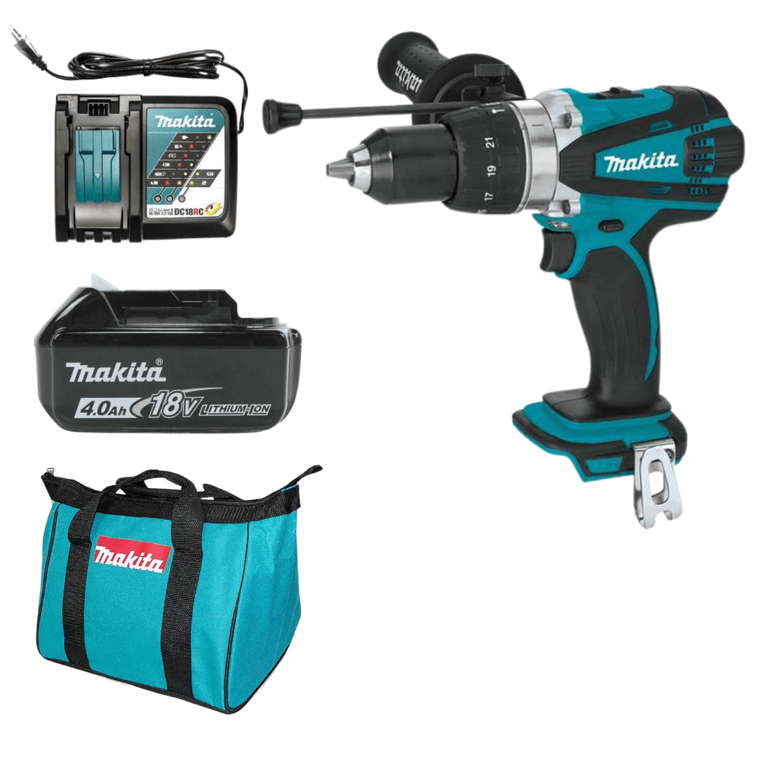 סט מקיטה הכולל מקדחה / מברגה DHP458Z 18V Makita+ סוללה 4AH + מטען מהיר + תיק מקיטה