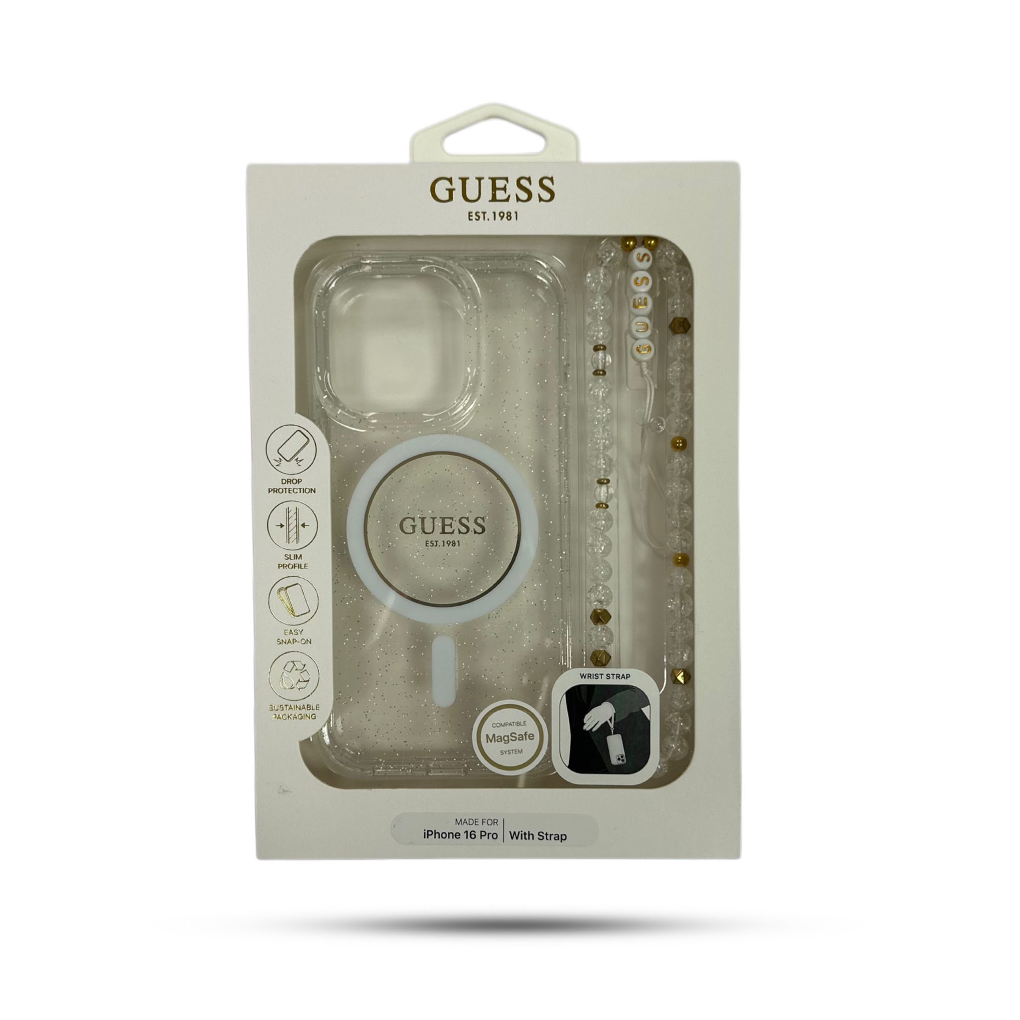 Guess White IML Glitter With Pearl Strap MagSafe For iPhone 16 Pro