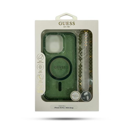 Guess Green IML Glitter With Pearl Strap MagSafe For iPhone 16 Pro