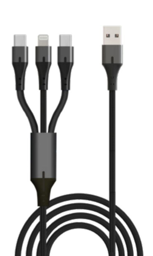 כבל משולב המתפצל ל-3 חיבורים: TYPE-C, LIGHTNING, MICRO USB