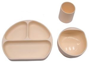 סט 3 כלי אוכל לפעוט מסיליקון טבעי - צלחת מחולקת וקערה נדבקות + כוס - בז