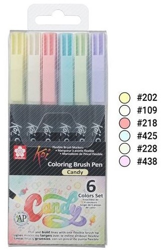 6 טושי מכחול coloring brush pens , גווני CANDY