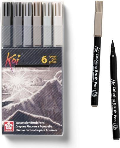 6 טושי מכחול coloring brush pens , גווני GREY SET