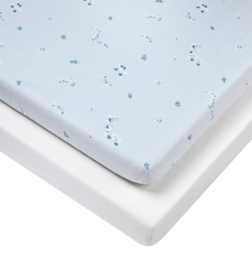 זוג סדינים ללול תינוק 100% כותנה ג'רזי - עלים כחולים