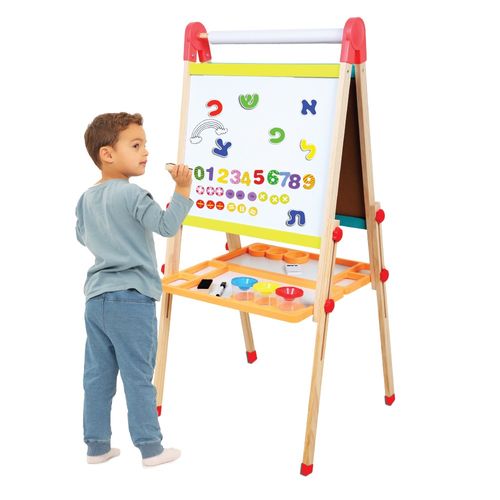 לוח ציור דו צדדי גיר / נייר ומגנט עם אפשרות כיוונון גובה, מדף אביזרים, גליל נייר וסט מגנטים א'-ב'