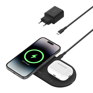 משטח טעינה אלחוטית מגנטית 2 ב- 1 עם Qi2 15W Belkin BoostCharge Pro WIZ021VFBK צבע שחור