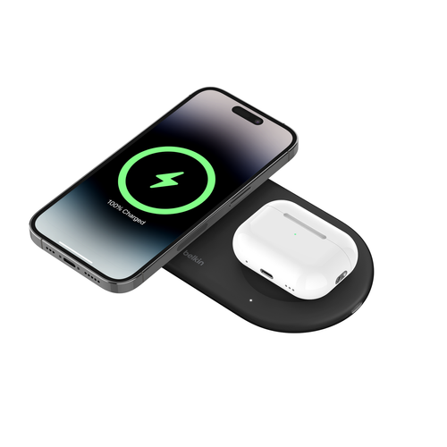 משטח טעינה אלחוטית מגנטית 2 ב- 1 עם Qi2 15W Belkin BoostCharge Pro WIZ021VFBK צבע שחור