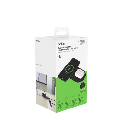 משטח טעינה אלחוטית מגנטית 2 ב- 1 עם Qi2 15W Belkin BoostCharge Pro WIZ021VFBK צבע שחור