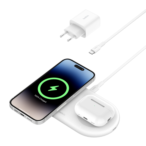 משטח טעינה אלחוטית מגנטית 2 ב- 1 עם Qi2 15W Belkin BoostCharge Pro WIZ021VFWH צבע לבן