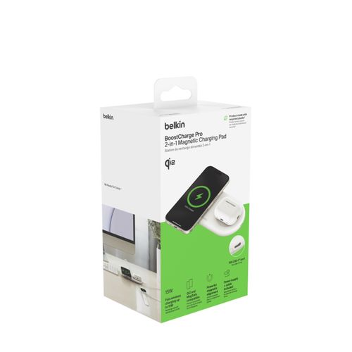 משטח טעינה אלחוטית מגנטית 2 ב- 1 עם Qi2 15W Belkin BoostCharge Pro WIZ021VFWH צבע לבן