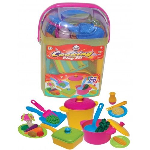 דלי פלסטיק גדול עם 55 אביזרי מטבח לילדים
