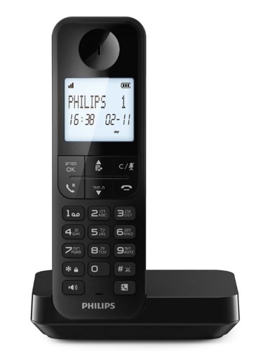 טלפון אלחוטי יחיד תפריט בעברית Philips Dectphone D2701B/25
