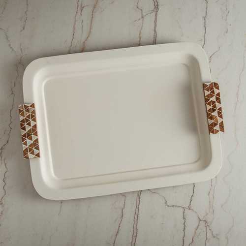 מגש מלבני מתכת עם ידיות עץ לבן - Y.C.029835 43*32 cm