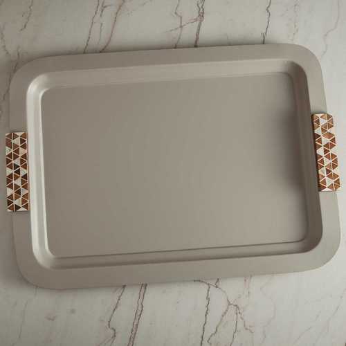 מגש מלבני מתכת עם ידיות עץ אפור - Y.C.029842 53*38 cm