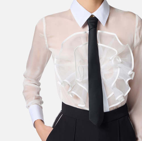 Silk voile shirt with ruffles and tie