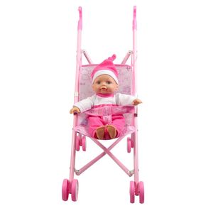 בובת תינוק עם עגלת טיולון ניתנת לקיפול - ורוד